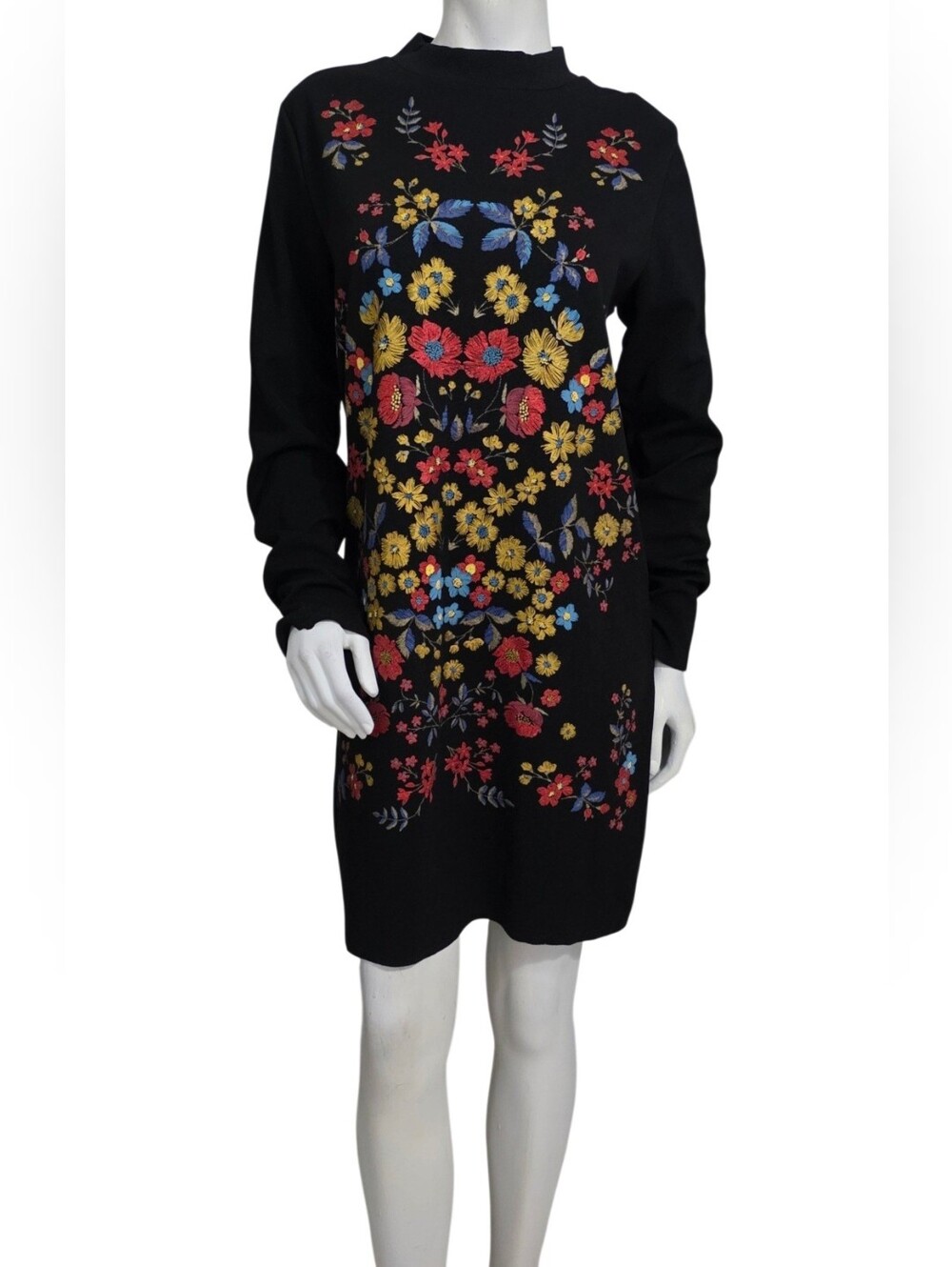 Zara Black Long-Sleeve Mini Dress with Multicolor Floral Embroidery Size L NWT - Picture 3 of 14